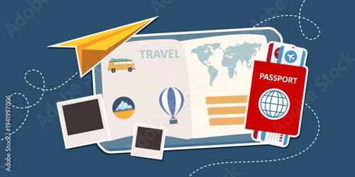 Realizing travel dreams with open passport and paper airplane