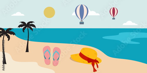 Hot air balloon flying over tropical beach with palm tree silhouette