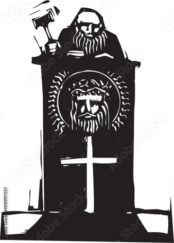 Woodcut style judge on a tall podium