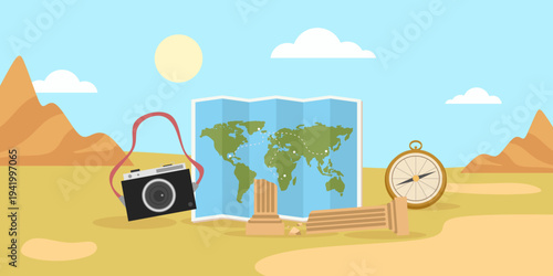 Ancient ruins expedition planning with map compass and camera