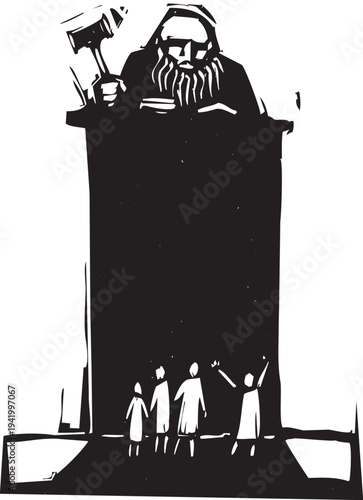 Woodcut style judge on a tall podium