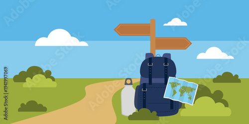 Hiking trail crossroads with backpack and wooden signpost direction