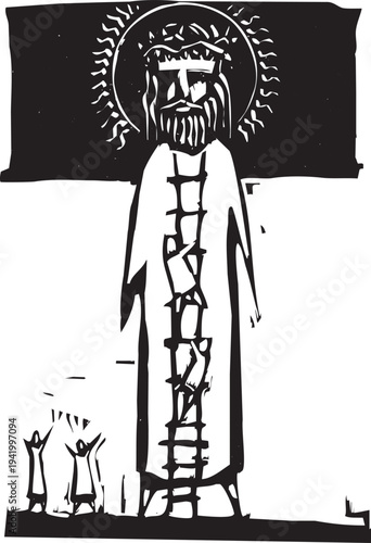 Woodcut style Jesus statue with men climbing a ladder to the head.
