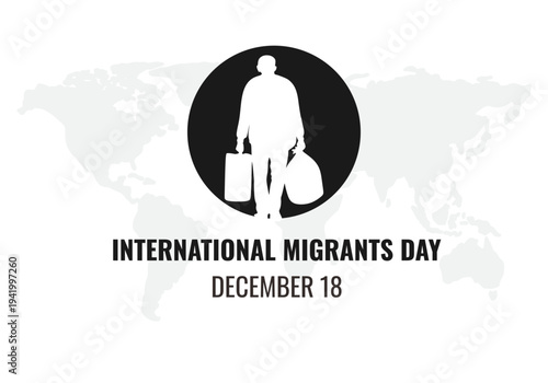 International Migrants Day Banner with World Map and People Carrying Bags Concept