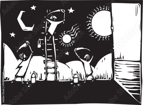 Woodcut style image of people working on a mural together