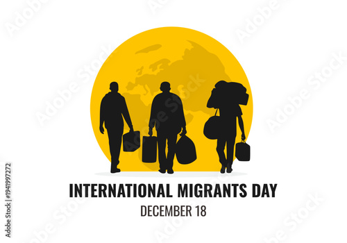 International Migrants Day Banner with Three People Carrying Bags Travel Illustration
