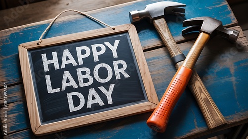 Wallpaper Mural Chalkboard sign saying "happy labor day" next to two hammers on a rustic blue wooden table Torontodigital.ca