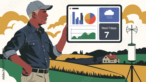Farmer checking satellite crop monitoring data on smartphone in field. Farmer standing in agricultural field analyzing satellite crop monitoring data on mobile phone, modern smart farming technology.