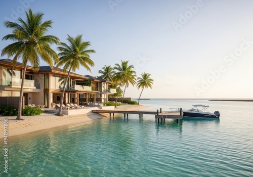 Luxurious beach villas with private docks and calm turquoise waters.