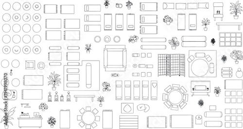 A blurry black and white blueprint image with various architectural elements isolated on transparent background