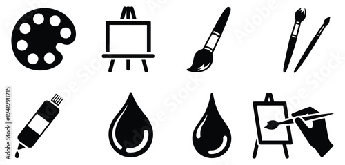 Artistic tools and supplies collection, featuring easel, paint palette, brushes, and paint tubes, clean minimalist vector icons for school art classes