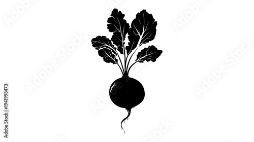 A graphic depiction of a turnip with leaves. The illustration is a monochromatic representation of the root vegetable, emphasizing its form and structure.