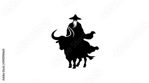 Silhouette of a wise elder riding a bull, embodying wisdom and serenity. The elder has a long beard and wears a traditional hat.