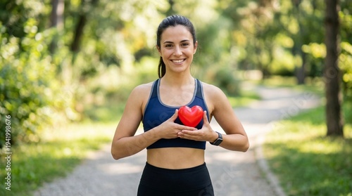 Young woman holding red heart symbol while smiling outdoors in park for World Obesity Day  