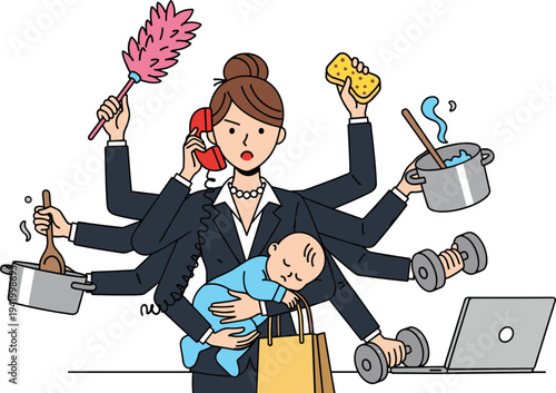 Multitasking businesswoman mother balancing career and home life while cooking cleaning exercising and caring for baby flat vector illustration.
