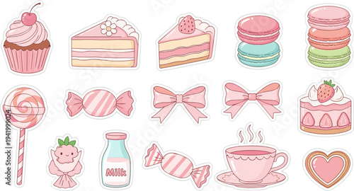 Pastel desserts and sweets in whimsical illustration with soft pink and white colors in digital clipart for greeting cards