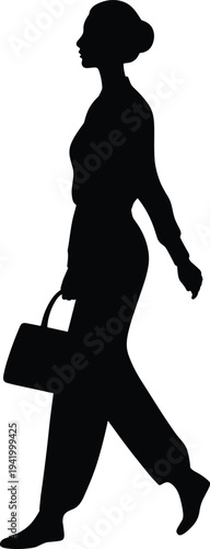 Side Profile Silhouette of an Elegant Business Woman Walking While Carrying a Handbag Featuring a Professional Bun Hairstyle and Formal Attire on White Background