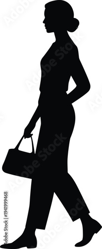 Side View Silhouette of a Professional Woman Walking While Carrying a Handbag Featuring a Stylish Bun Hairstyle and Business Casual Attire on White Background