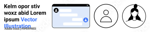Digital communication, user interface, online profiles, messaging apps, social networking, web design. A messaging window with user and profile icons. Digital communication and user interface