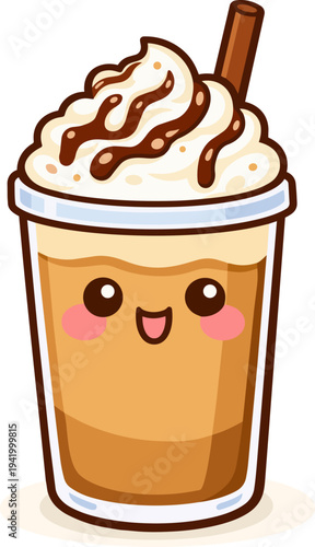 kawaii illustration of a frappe topped with whipped cream, chocolate syrup, and a cinnamon stick. Perfect for beverage promotions and food-related designs.