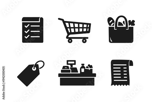 Collection of shopping icons including a checklist, cart, bag, tag, checkout, and receipt