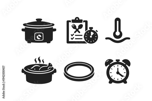 Collection of cooking icons representing kitchen appliances and food preparation steps