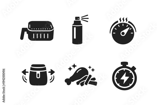Air fryer cooking icons: basket, spray, timer, chicken, and stopwatch