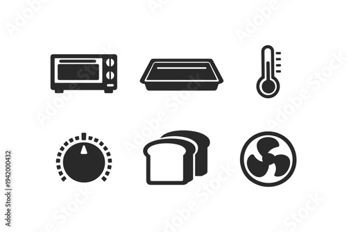 Collection of kitchen appliance icons including oven, thermometer, and fan
