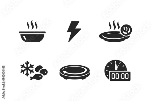 Set of icons representing food preparation and cooking functions for appliances