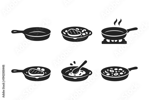 Collection of stylized cooking icons showing pans with food and cooking process