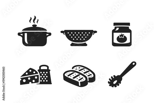 Collection of cooking and food preparation icons including a pot, colander, jar, cheese, meat, and pasta server