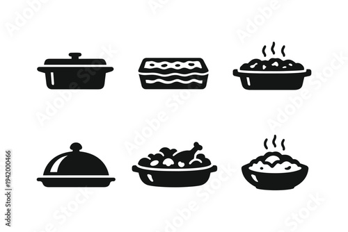 Collection of six black and white icons representing different types of food dishes and cookware