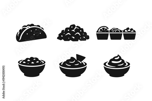 Collection of Mexican food icons including tacos, nachos, salsa, and guacamole