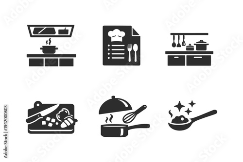 Collection of cooking and kitchen icons representing food preparation and culinary activities