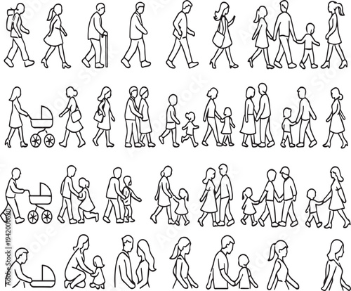Walking People and Families Line Icons