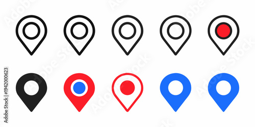 Collection of location pin icons in varying colors and styles