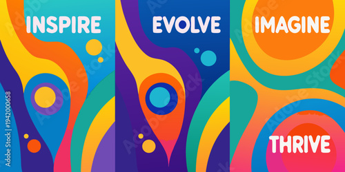 Colorful abstract design with inspirational words inspire evolve imagine thrive