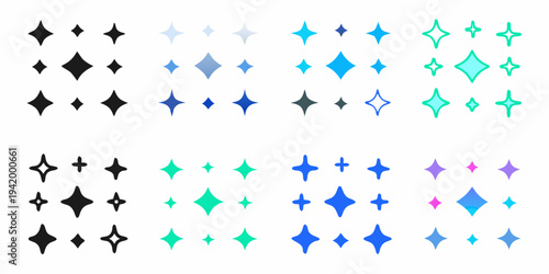 Collection of colorful star and sparkle shaped graphic elements