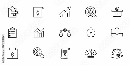 Collection of line art icons representing finance law and business