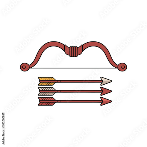 A bow and three arrows are arranged together on a white background.