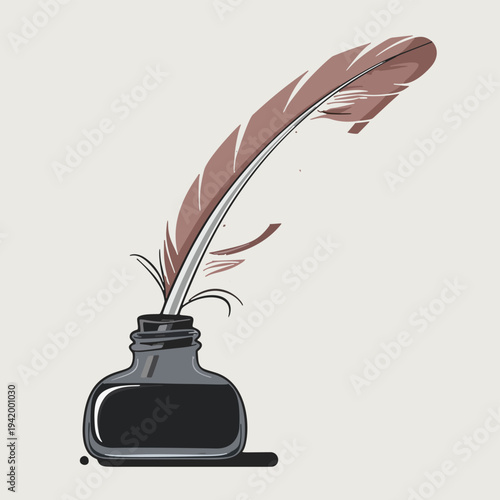 Feather Quill Pen with Ink Bottle Flat Vector Vintage Writing Clipart