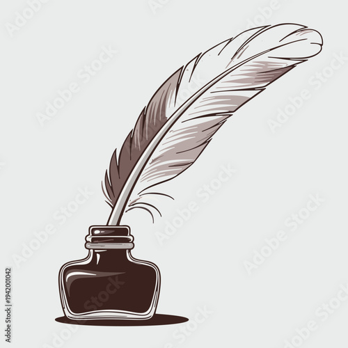 Feather Quill Pen with Ink Bottle Flat Vector Vintage Writing Clipart