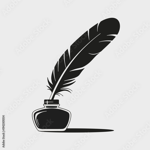 Feather Quill Pen with Ink Bottle Flat Vector Vintage Writing Clipart