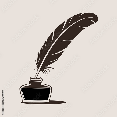 Feather Quill Pen with Ink Bottle Flat Vector Vintage Writing Clipart