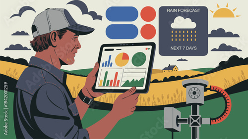 Digital agriculture monitoring with farmer analyzing crop metrics. Farmer studying crop metrics and agricultural analytics through digital interface in cultivated farmland.