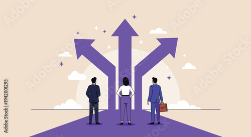 Business direction choice concept illustration, professionals facing multiple arrows path, career decision making, strategy planning, leadership opportunity future