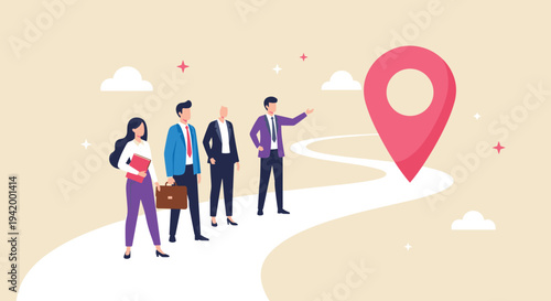 Business journey concept illustration, team moving toward destination map pin, career direction planning, leadership guidance, corporate success path