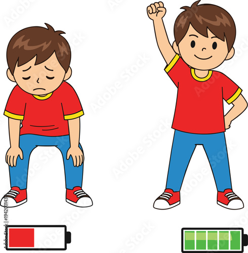 Cute boy character with low and full battery energy levels showing tired and energetic moods vector illustration on white.