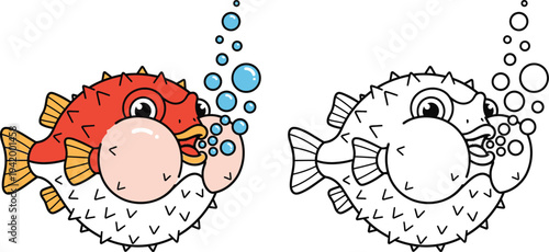 Cute Cartoon Puffer Fish Blowing Bubbles Illustration Spiky Marine Character