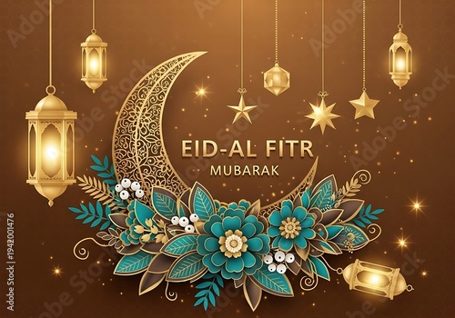 Wallpaper Mural Ornate crescent moon with teal flowers and gold lanterns for Eid al Fitr mubarak Torontodigital.ca